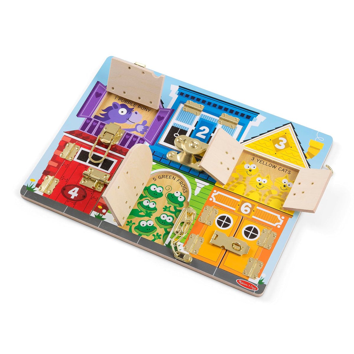 Melissa & Doug wooden activity board with latches and doors for dexterity practice.