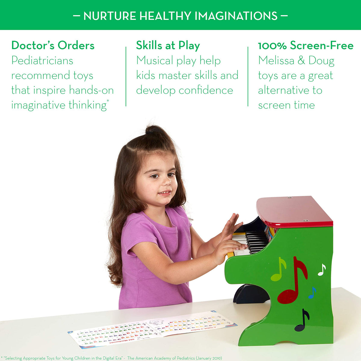 Melissa & Doug Learn-to-Play Piano's solid wood construction stands up to busy playtime.