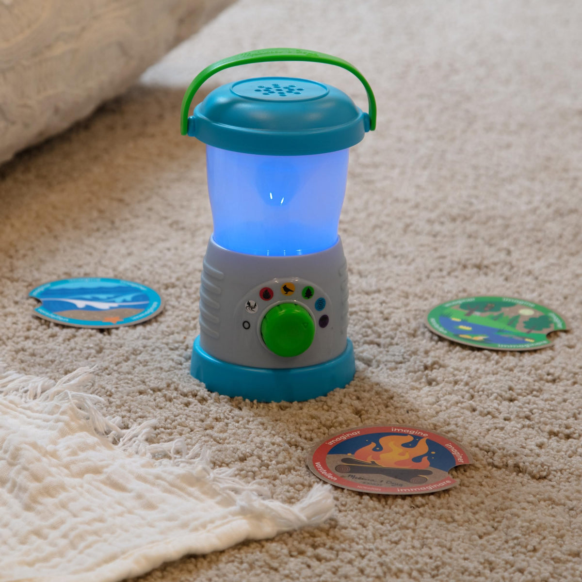 Melissa & Doug Let’s Explore lantern requires three AA batteries to power sounds.