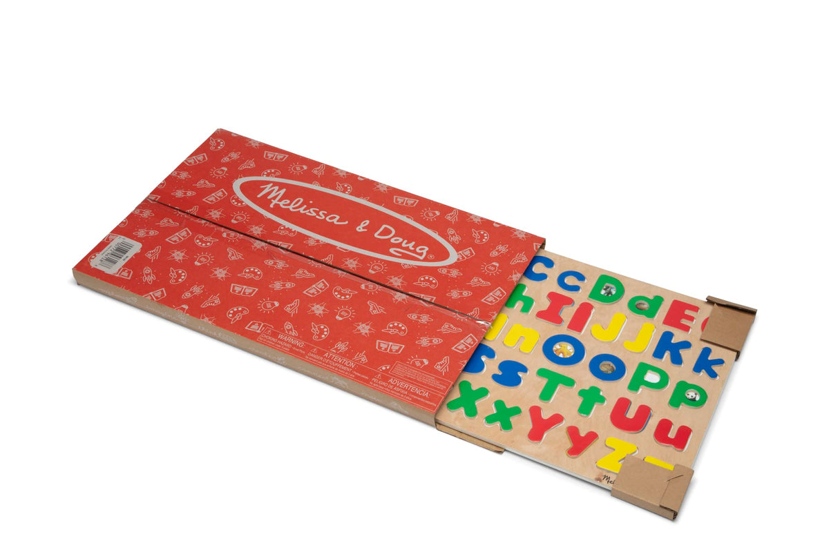 Melissa and Doug close-up of wooden letters highlighting safe, child-friendly design