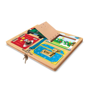 Sturdy wooden frame of Melissa and Doug Locks and Latches Board supports durable, screen-free play.