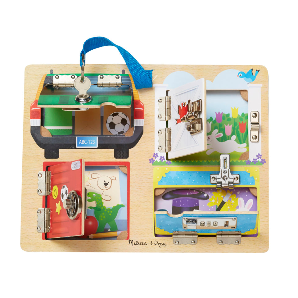 Melissa and Doug Locks and Latches Board with doors for unlocking fun and fine motor practice.