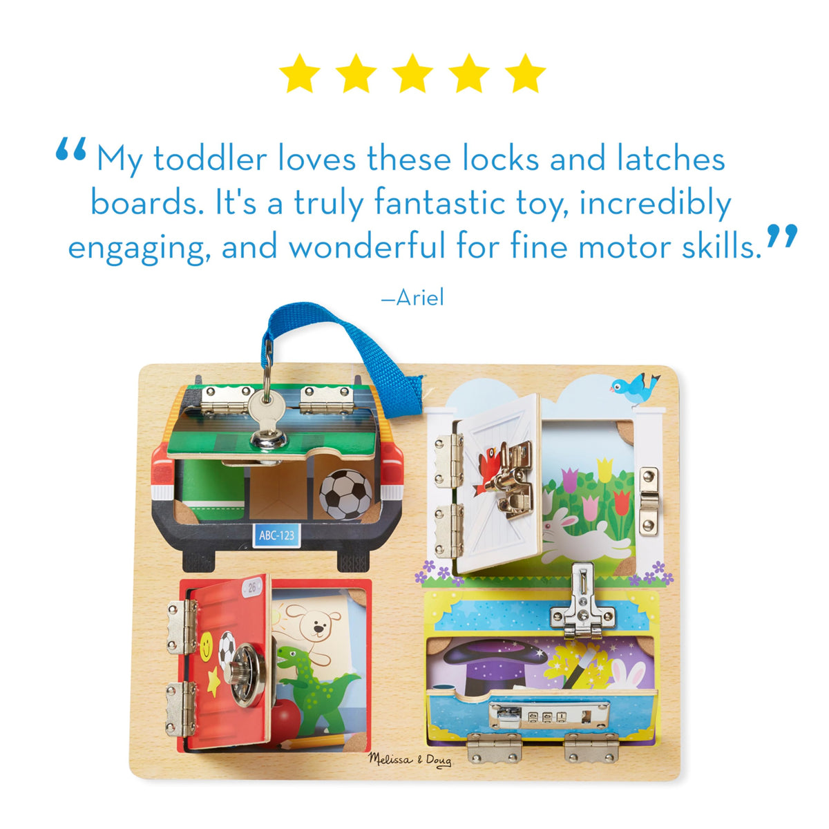 Metal hardware and hinges on the Melissa and Doug Locks and Latches Board create satisfying tactile feedback.