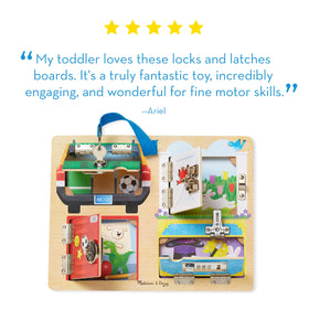 Metal hardware and hinges on the Melissa and Doug Locks and Latches Board create satisfying tactile feedback.