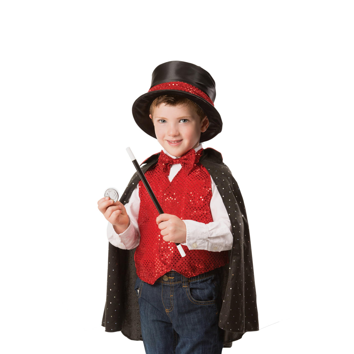 Melissa & Doug magician costume top hat hidden compartment offers surprise tricks.