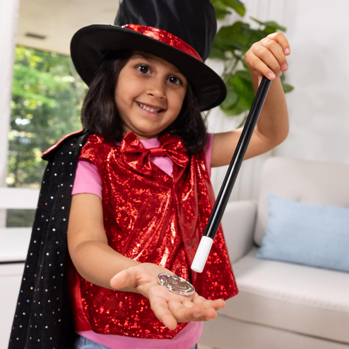 Melissa & Doug magician costume vest secret pocket enables quick prop storage.