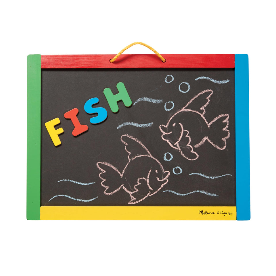 Melissa & Doug magnetic chalkboard and dry-erase board with magnets for learning.