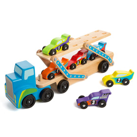 Melissa and Doug Mega Race-Car Carrier double-decker trailer ready for loading