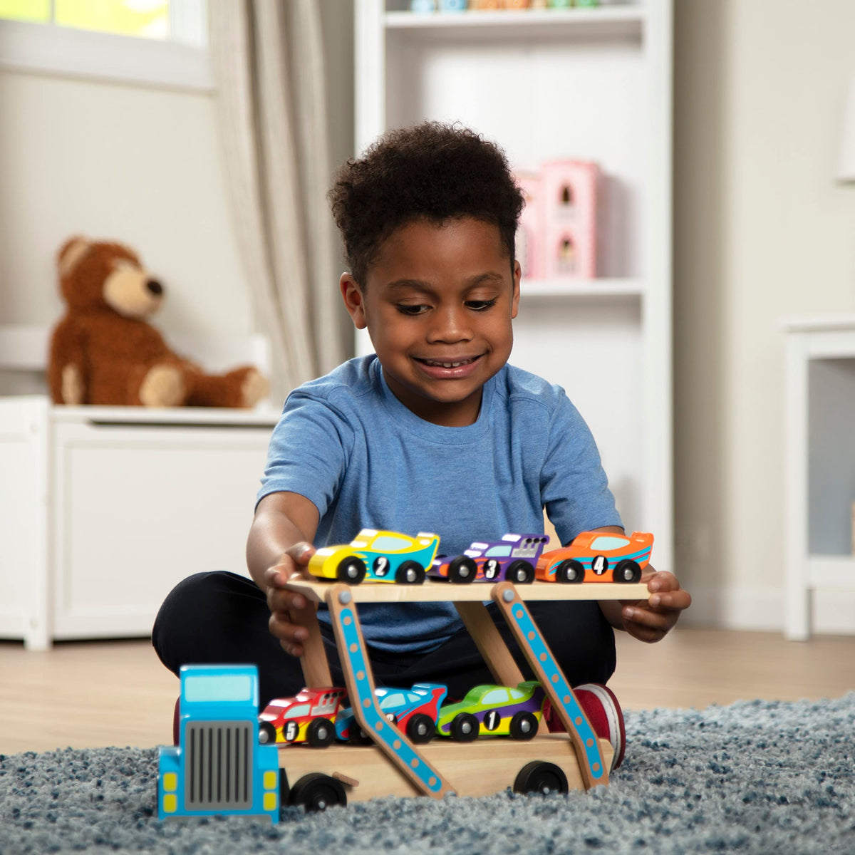 Melissa and Doug Mega Race-Car Carrier durable wooden construction detail