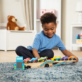 Melissa and Doug Mega Race-Car Carrier ramp and cars spark fine motor play