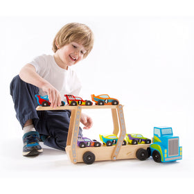 Melissa and Doug Mega Race-Car Carrier features six colorful race cars for sorting