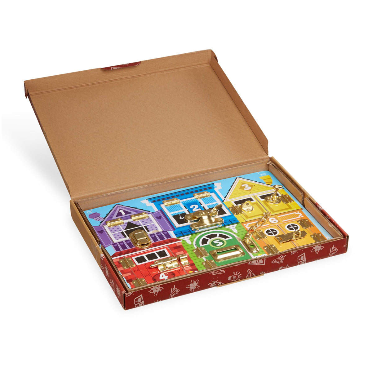 Melissa & Doug metal latches provide satisfying click sounds for sensory feedback.