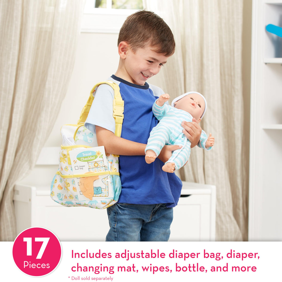 Melissa and Doug Mine to Love diaper bag pockets hold wipes, bottle, and accessories neatly.
