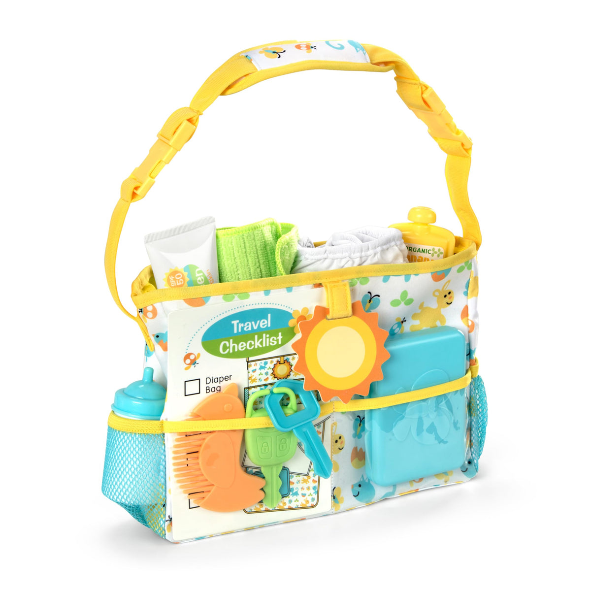 Melissa and Doug Mine to Love travel diaper bag open for easy on-the-go play organization.