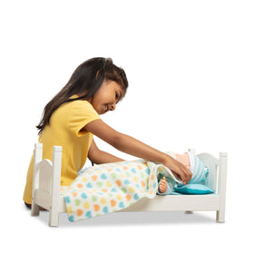 Melissa & Doug Mine to Love bed with fuzzy blanket for cozy play