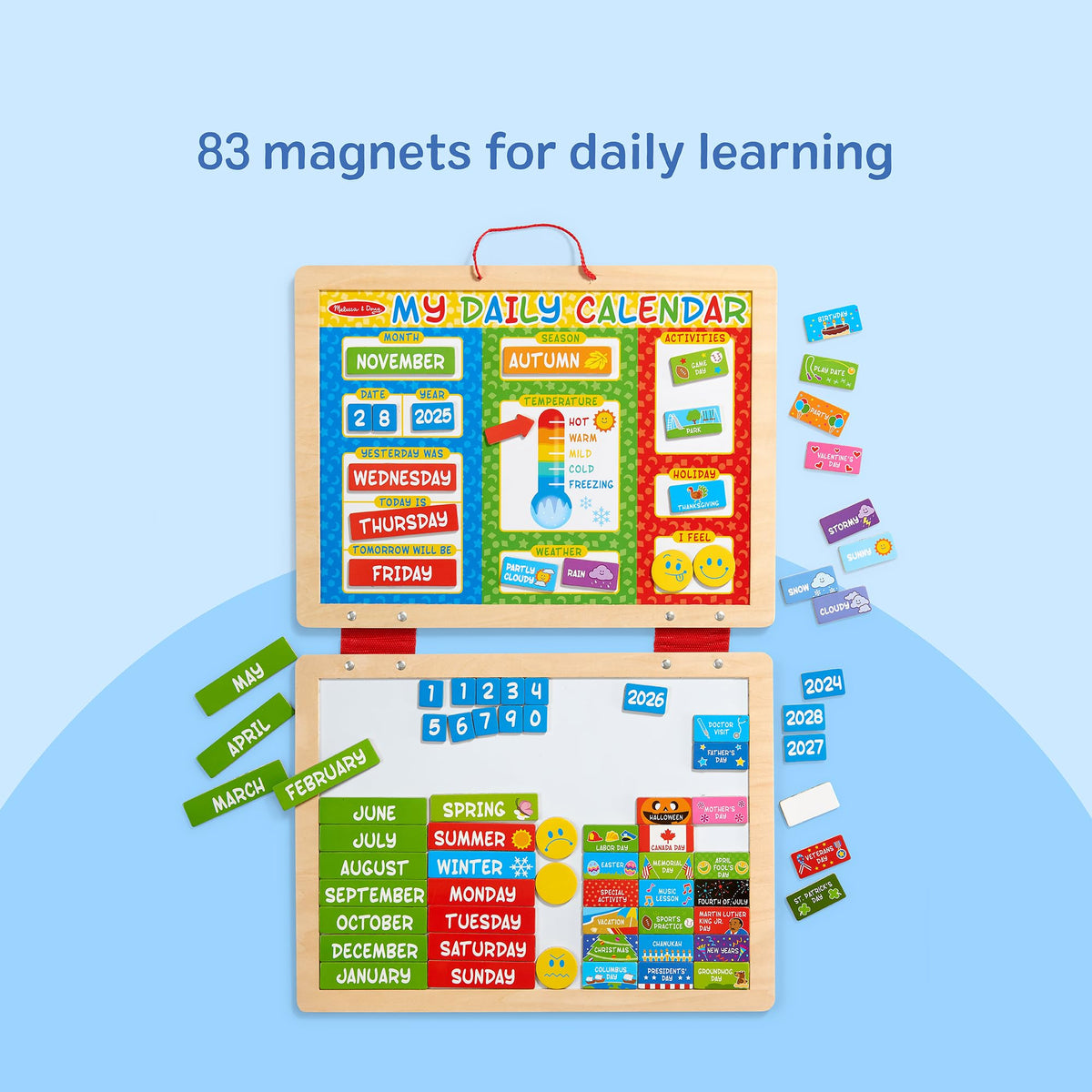 80 magnetic pieces support time concepts, seasons, and daily activities with Melissa & Doug.