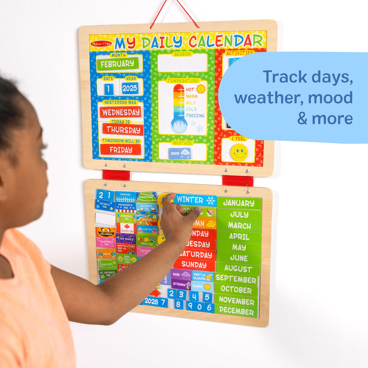 Melissa & Doug fabric-hinged board for magnet storage on the calendar.