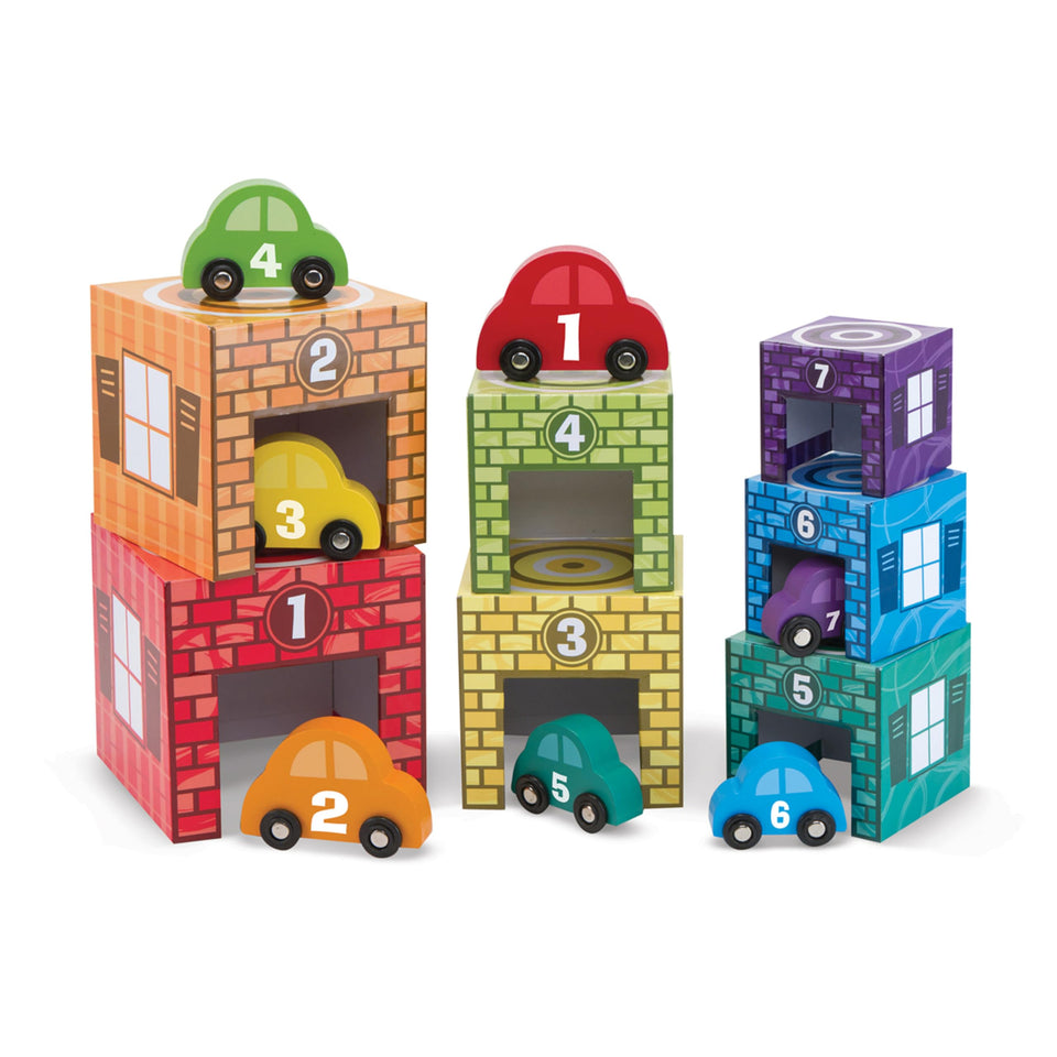 Melissa & Doug nesting garages with seven cars for colorful counting play.