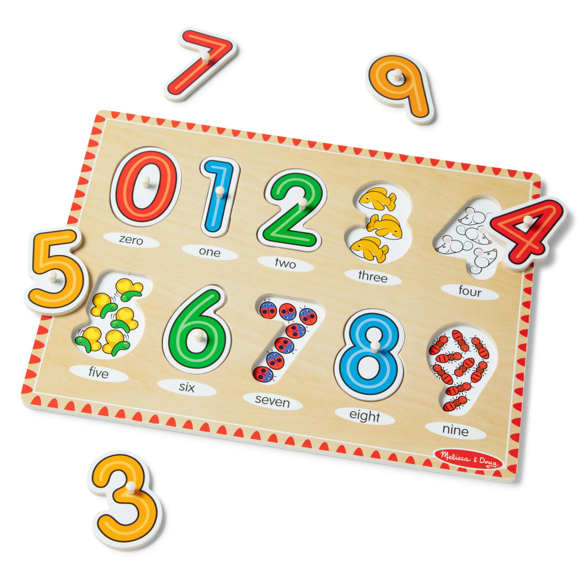 Melissa & Doug Numbers pieces closeup emphasizes numeral shapes for counting practice.
