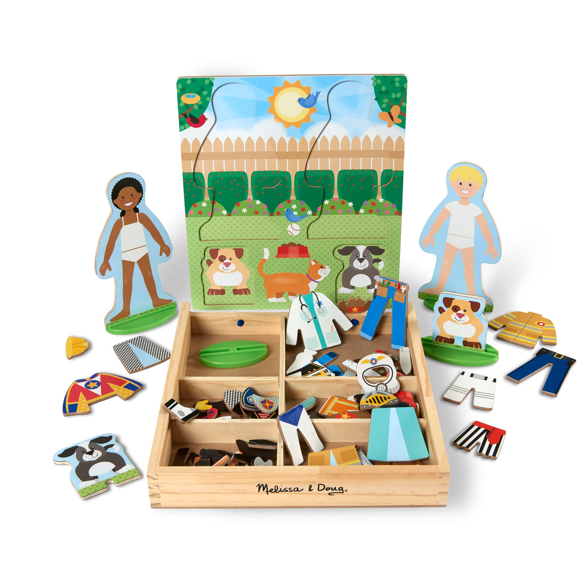 Melissa & Doug dress-up figures with magnets enabling imaginative storytelling.