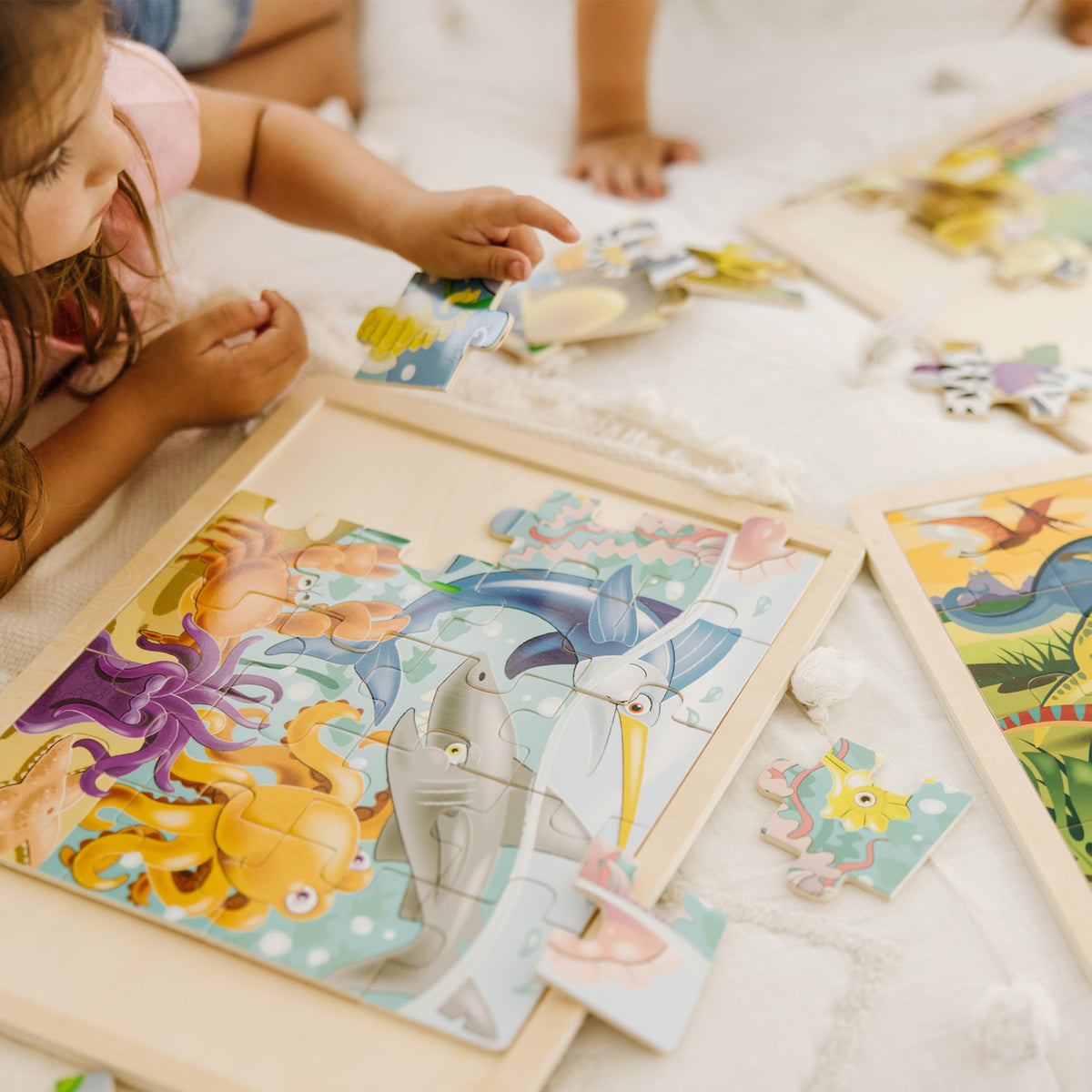 Melissa & Doug ocean puzzle piece close-up encourages spatial awareness