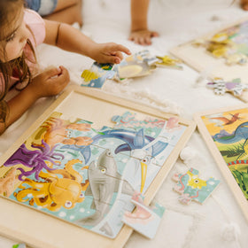 Melissa & Doug ocean puzzle piece close-up encourages spatial awareness