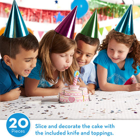 Eight party cake slices ready to cut and share in pretend play.