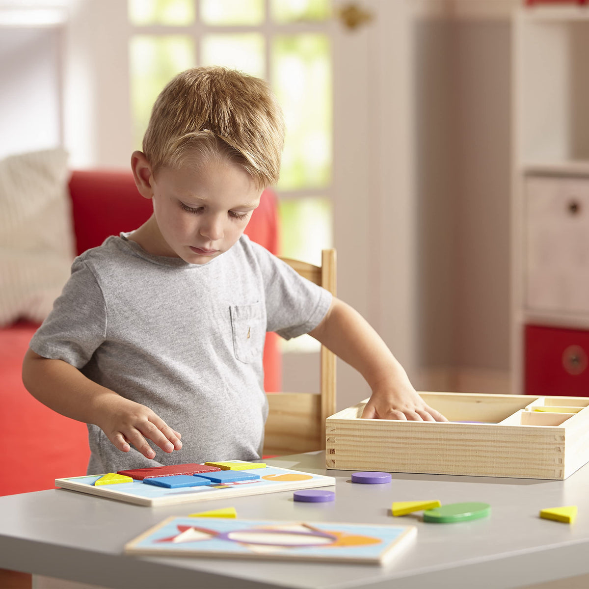 Melissa & Doug Pattern Blocks setup on table for screen-free play