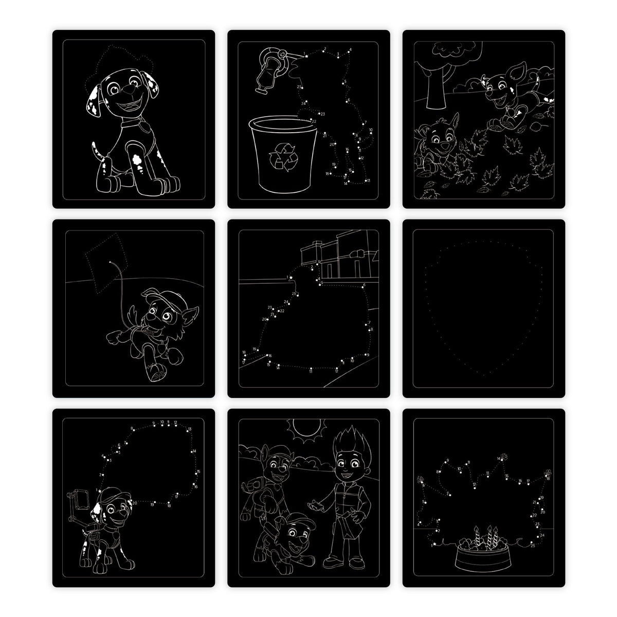 Stencil sheet tucked inside spiral-bound Paw Patrol Scratch Art pad.