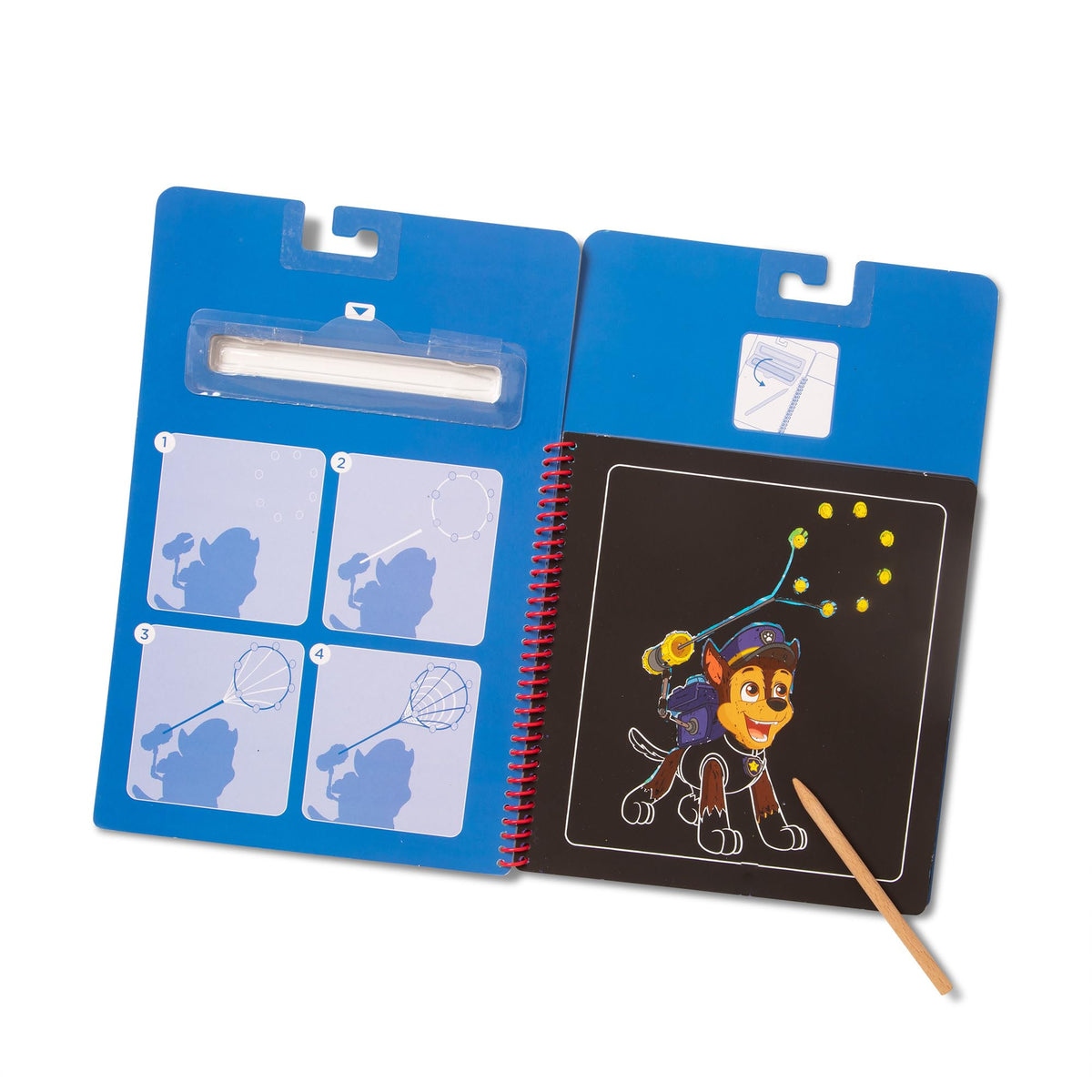 Wooden stylus stored inside Paw Patrol Scratch Art pad cover.