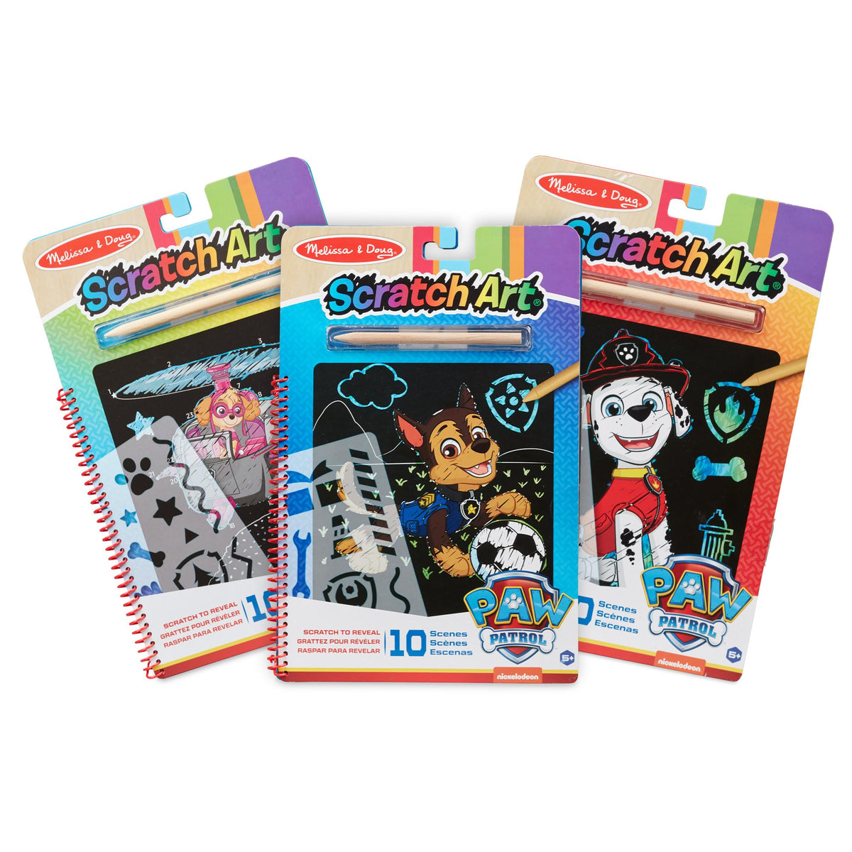Melissa & Doug Paw Patrol Scratch Art three-pack cover for travel-friendly fun.