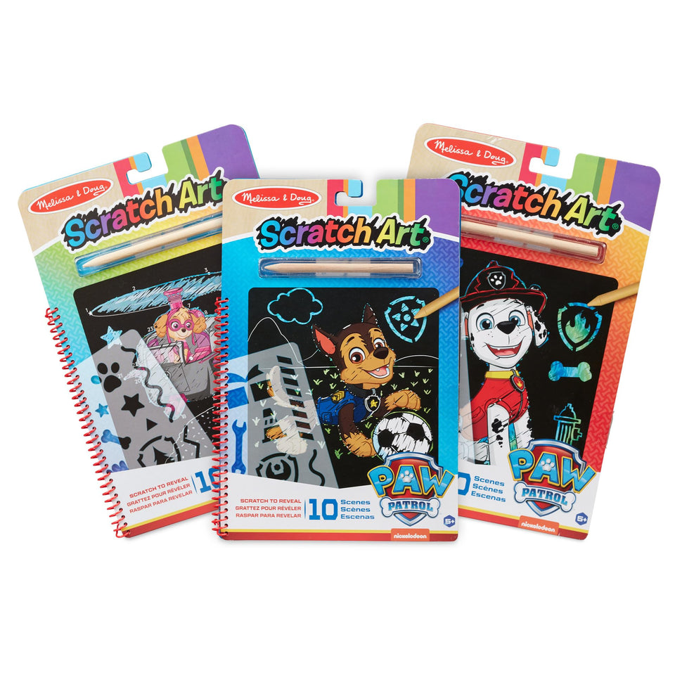 Melissa & Doug Paw Patrol Scratch Art three-pack cover for travel-friendly fun.