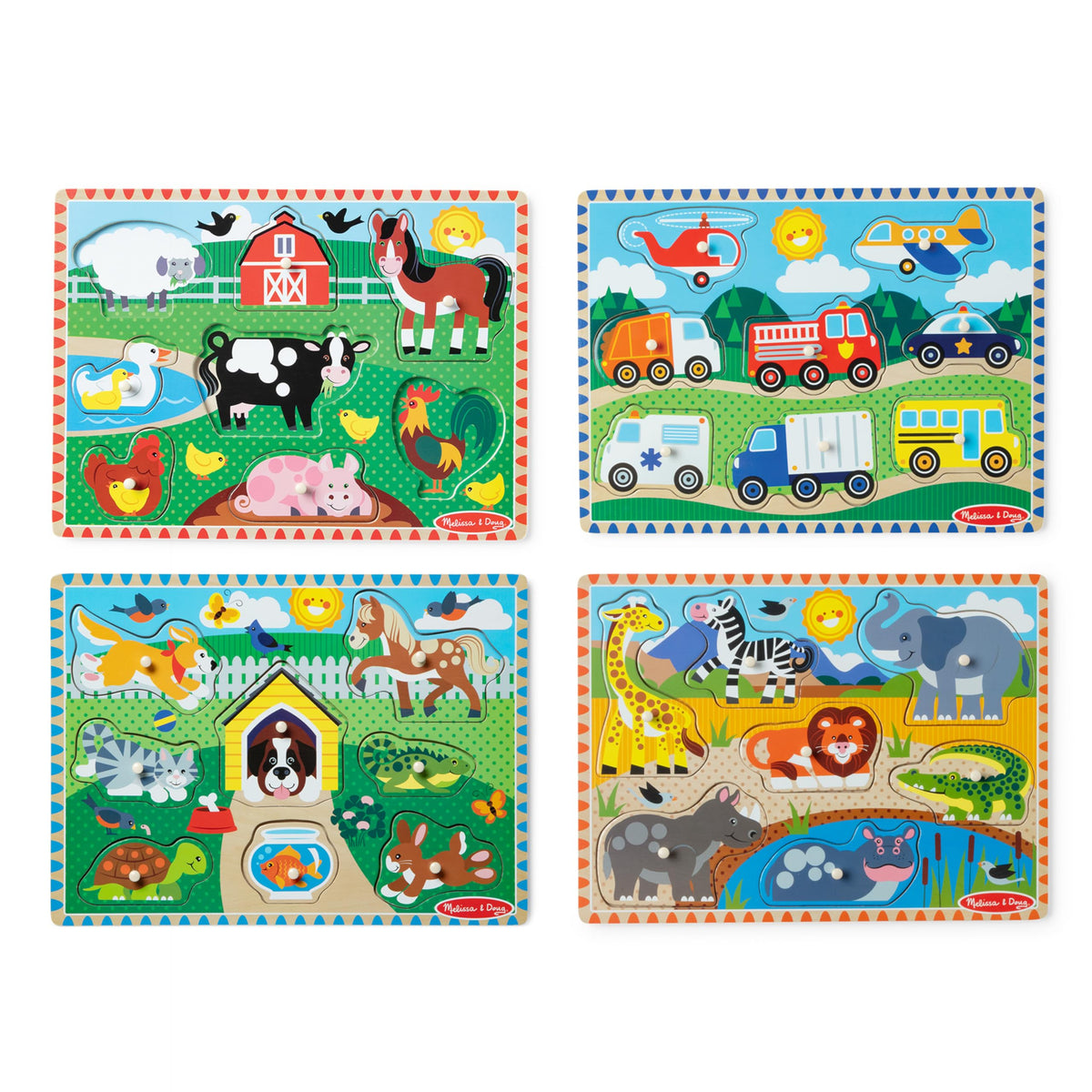 Melissa & Doug peg puzzle Farm scene promotes hand-eye coordination through colorful farming imagery