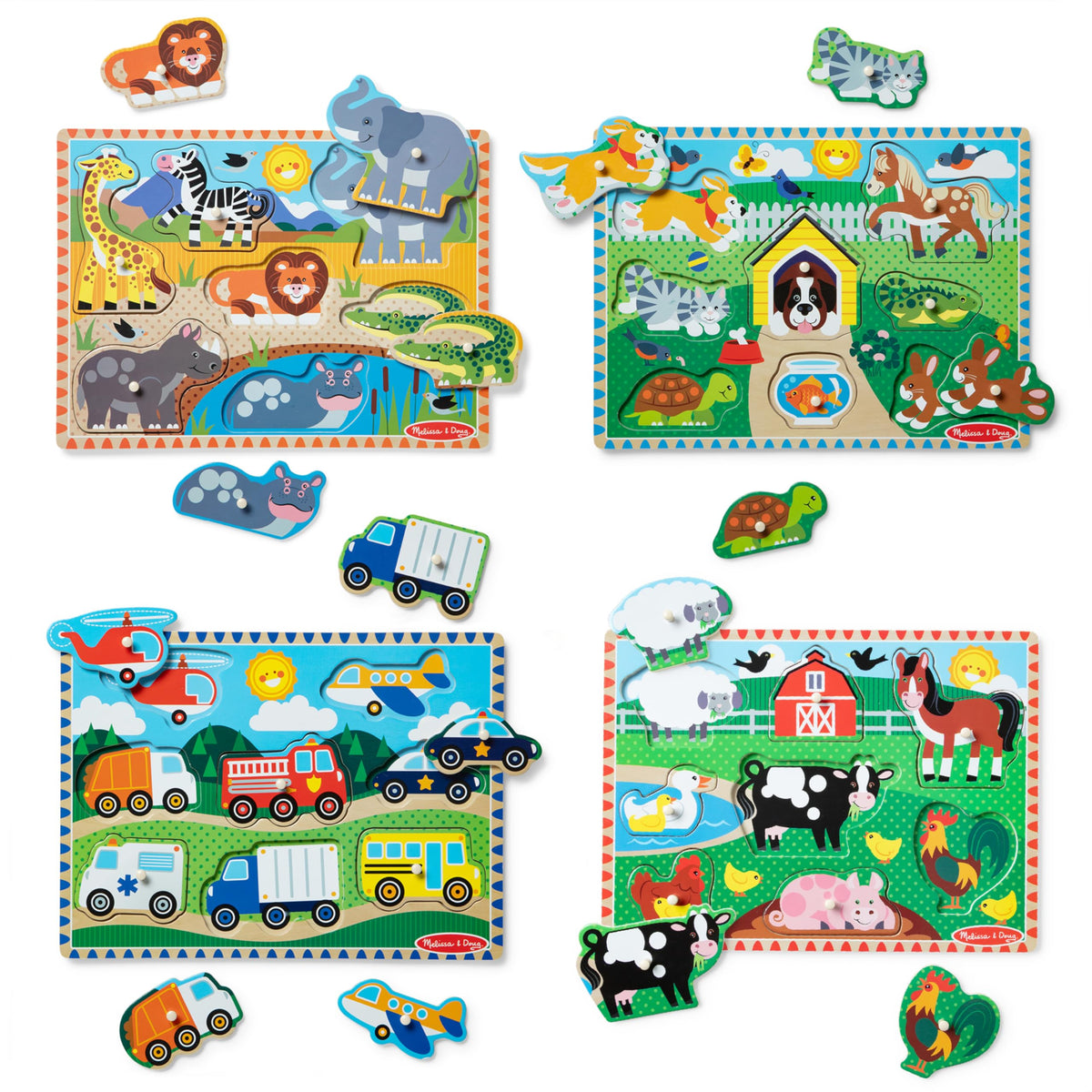 Melissa & Doug peg puzzle Vehicles theme encourages problem solving with vivid illustrations