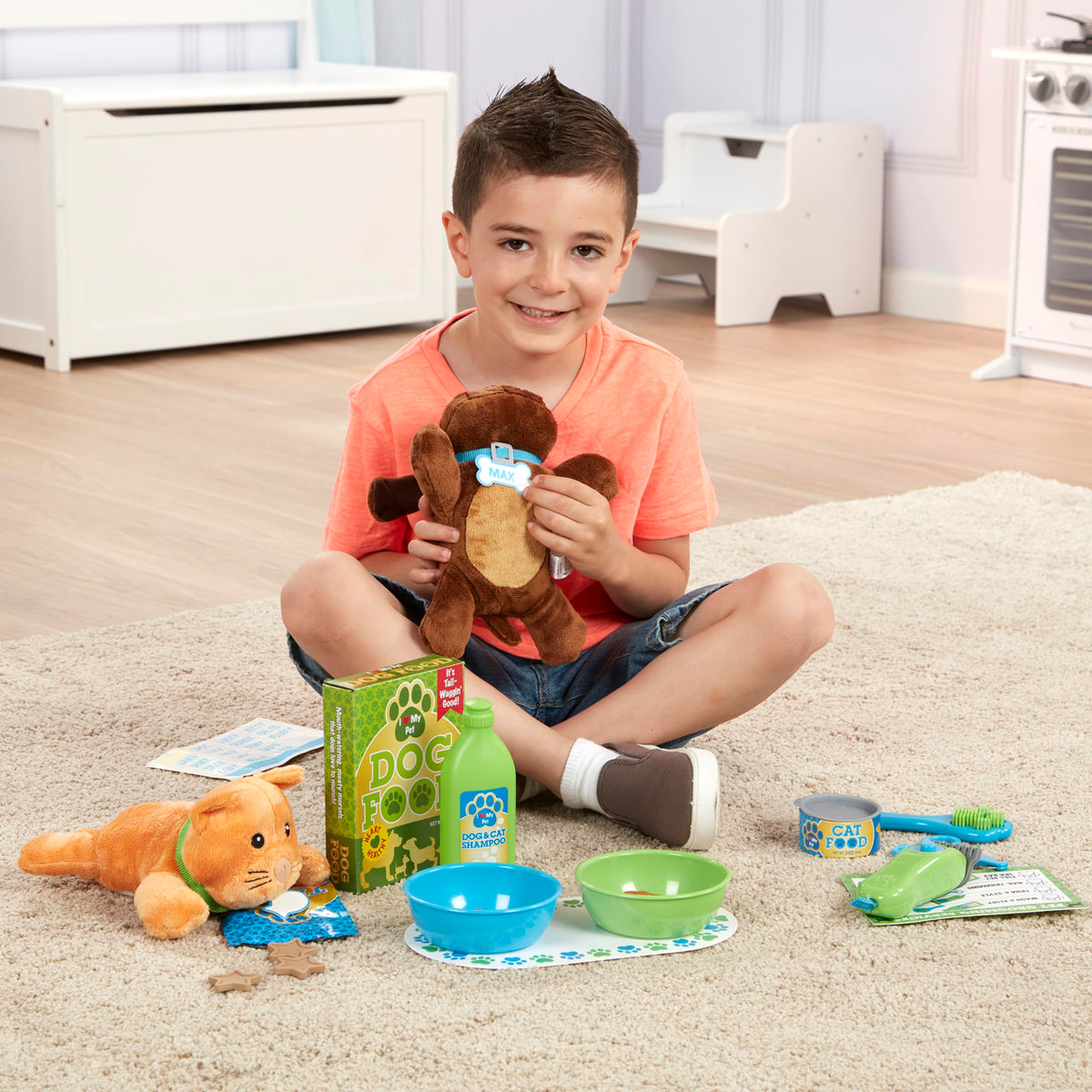 Melissa & Doug pet care play set featuring a plush cat to spark imaginative play
