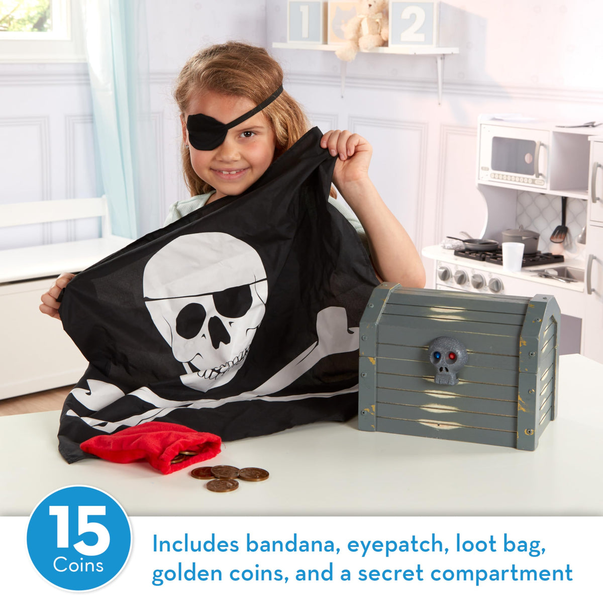 Melissa & Doug pirate chest hinged lid enables quick access during play