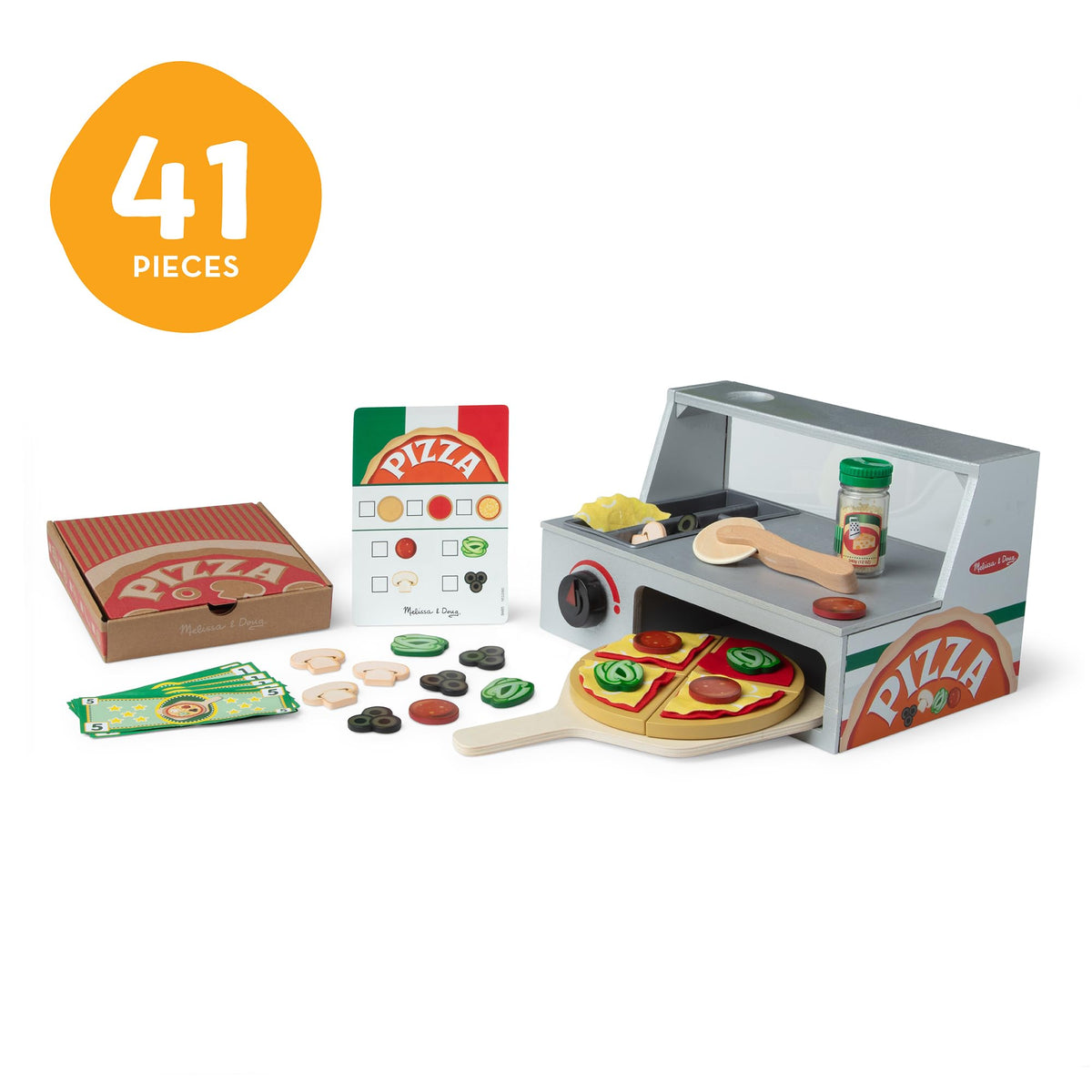 Melissa & Doug pizza oven built into counter shown during playtime pretend baking.