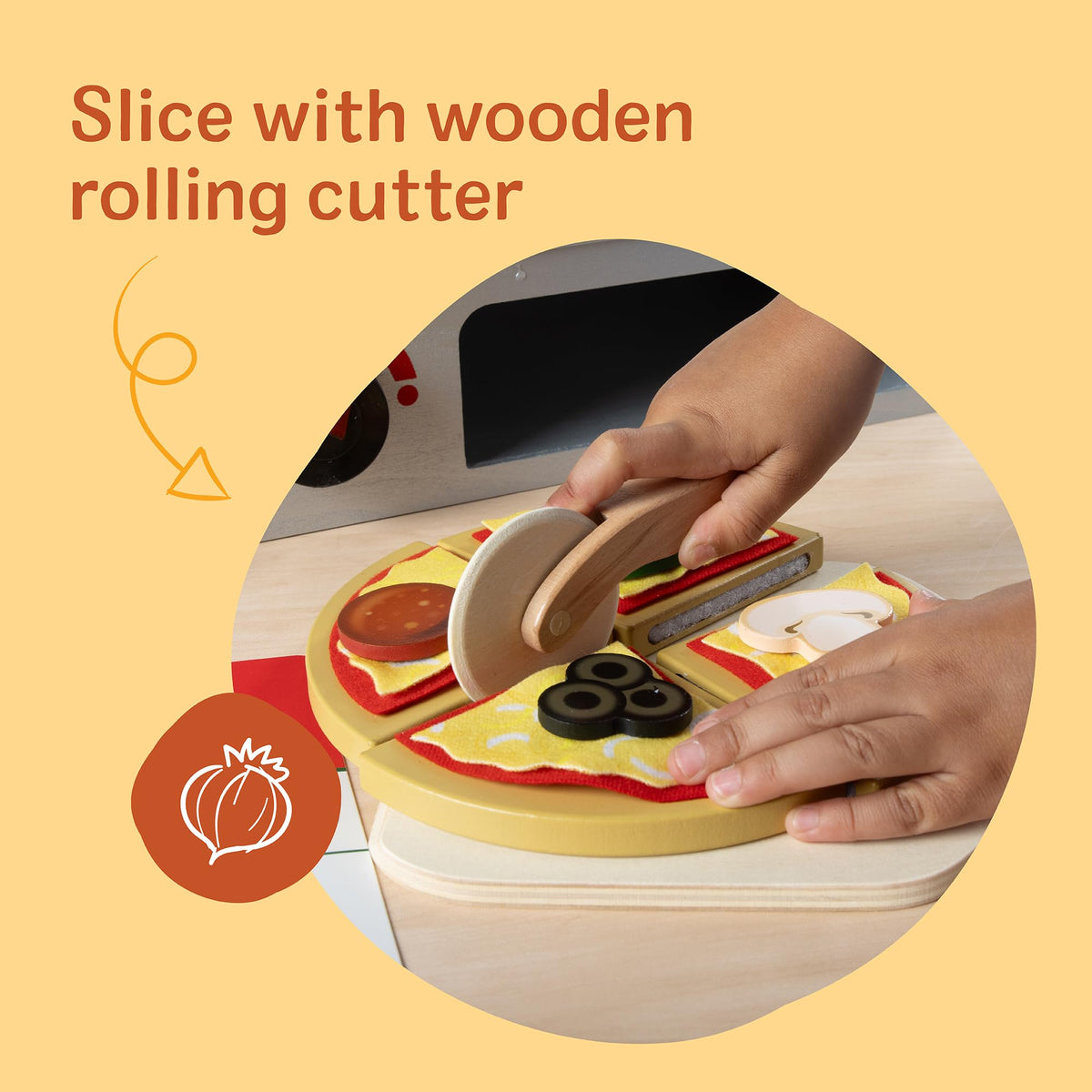 Melissa & Doug wooden toppings pieces like pepperoni and olives for colorful top-your-pizza play.