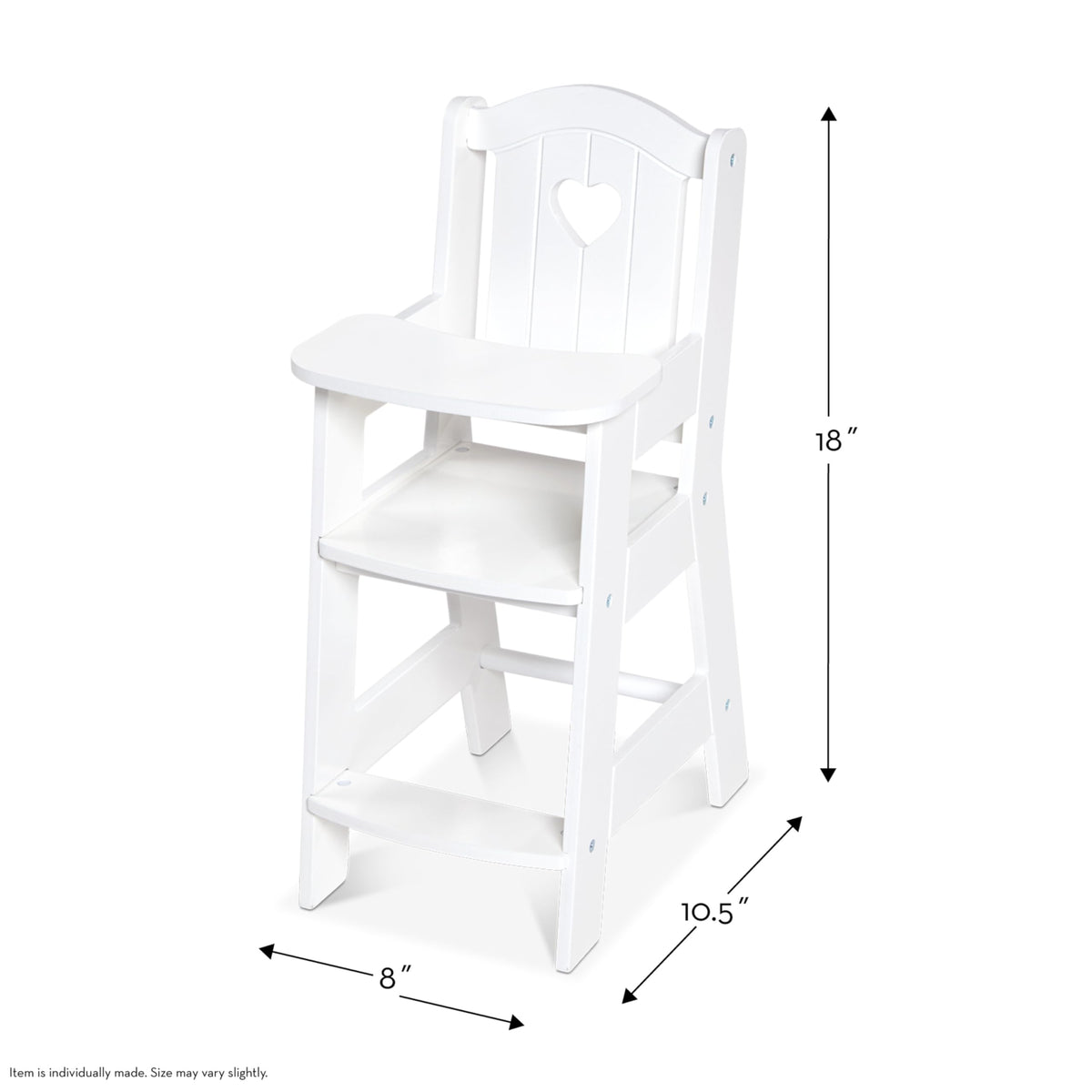 Melissa & Doug high chair shows assembled dimensions 18H x 8W x 11D for reference.