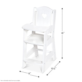 Melissa & Doug high chair shows assembled dimensions 18H x 8W x 11D for reference.