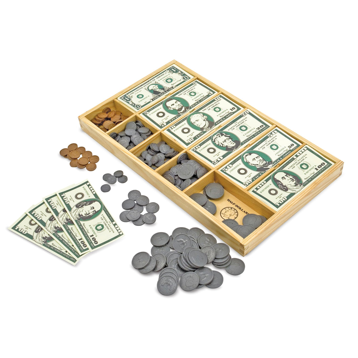 Melissa & Doug play money bills from $1 to $100 for early math exploration.
