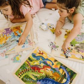 Melissa & Doug puzzle tray storage showing sturdy wooden trays for neat storage