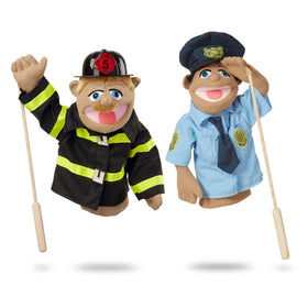 Melissa & Doug Rescue Puppet Set featuring Police Officer Cy Wren for imaginative neighborhood patrols.