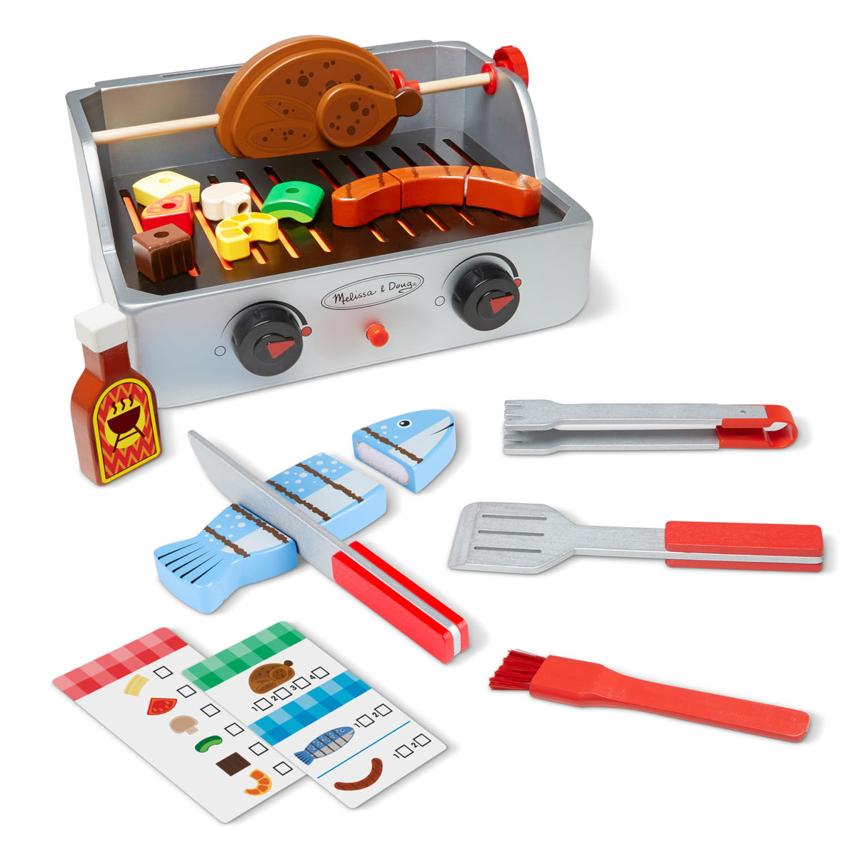 Melissa & Doug rotisserie chicken on a skewer for imaginative pretend grilling.
