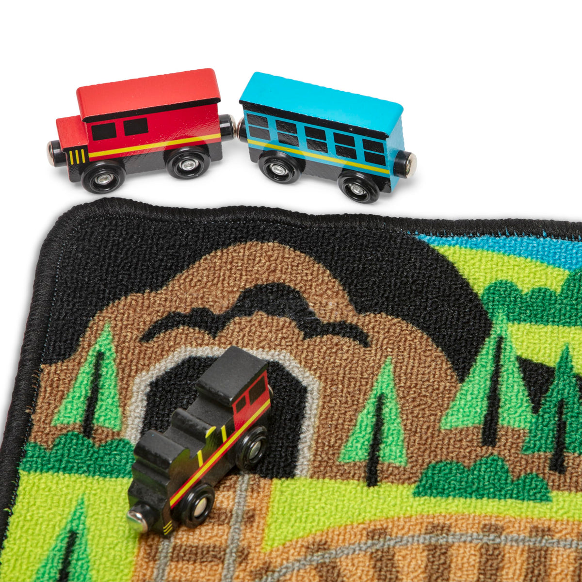 Melissa & Doug Round the Rails rug measures 39 by 36 inches