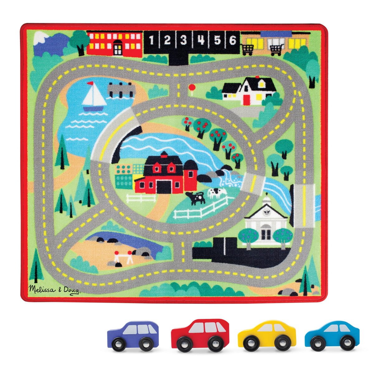 Melissa & Doug Round The Town Road Rug farm-scene invites imaginative play