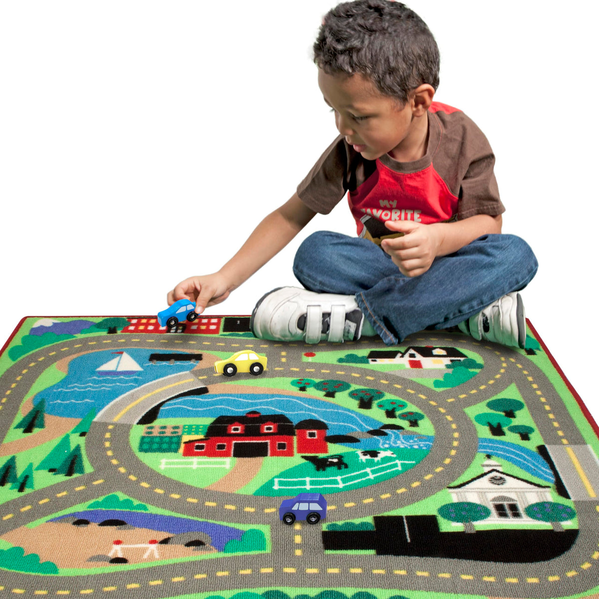 Melissa & Doug Round The Town Road Rug grocery-store-scene enables pretend shopping