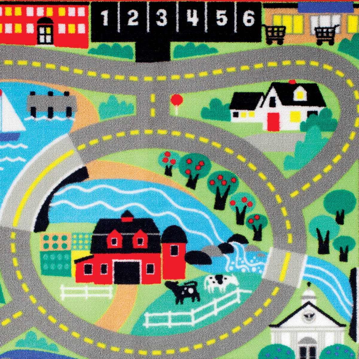 Round The Town Road Rug lakeshore-scene invites scenic pretend trips