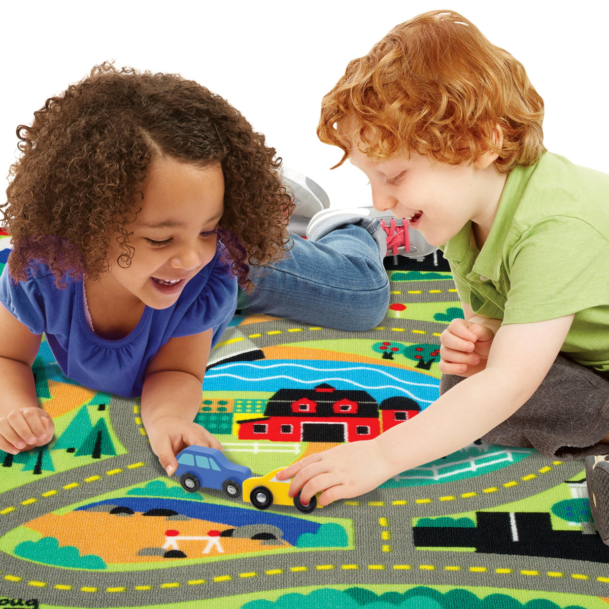 Melissa & Doug Round The Town Road Rug school-zone-scene fosters counting and social play