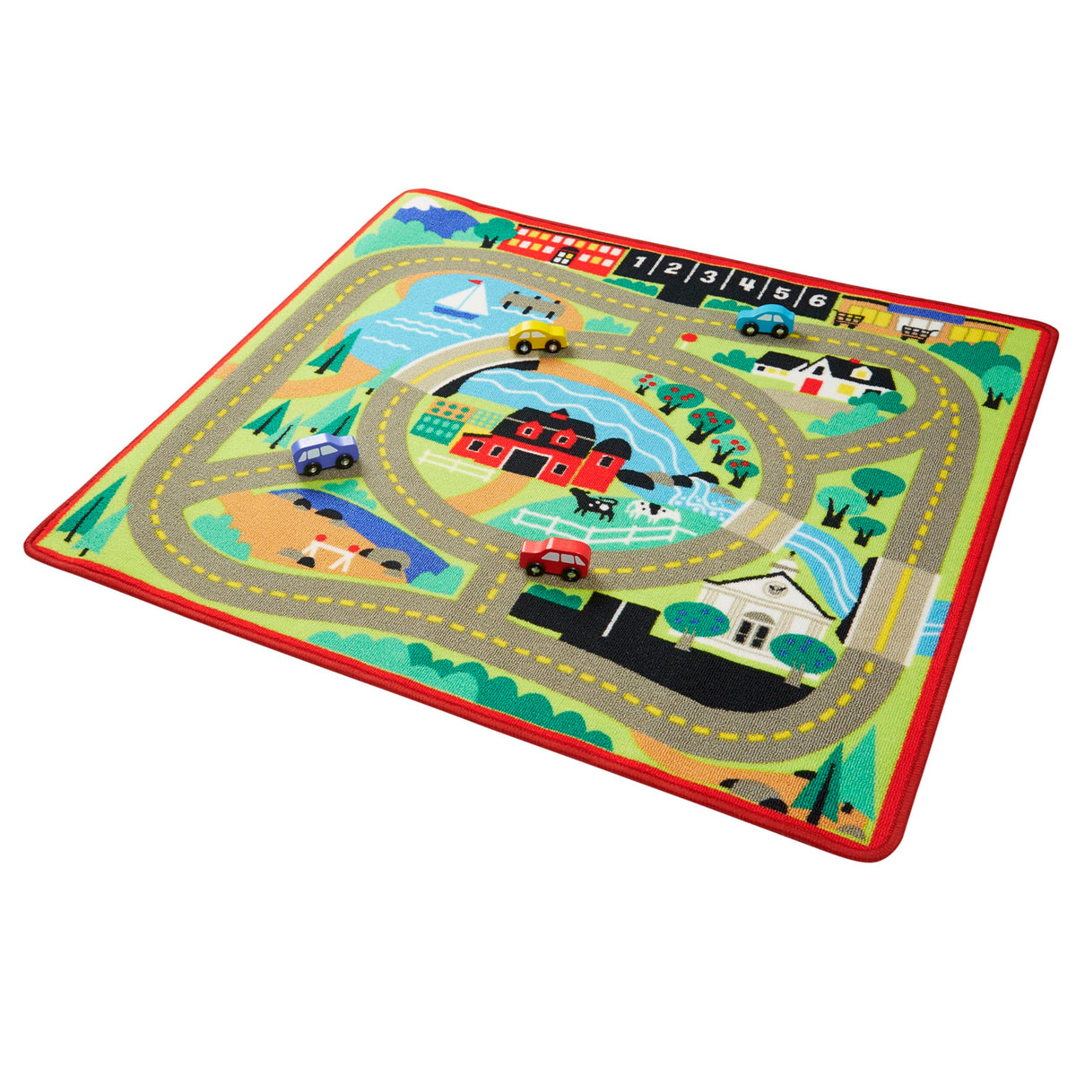 Melissa & Doug Round The Town Road Rug service-station-garage invites garage-play adventures